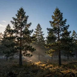 masterpiece ephemeral ethereal field of pine trees, surreal photography, sunrise, blue sky, dramatic light, photo manipulation, hdr, digital painting, artstation, steve belledin, peter gric, wadim kasin