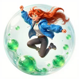 madeline from celeste jumping into a green jelly bubble wearing a blue bubble jacket has a red long hair, highly detailed, digital painting, artstation, concept art, sharp focus, illustration, art by greg rutkowski and alphonse mucha