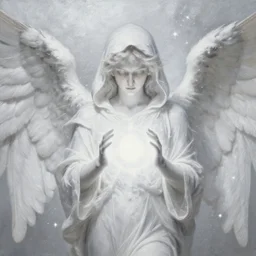 highdetailed hyperrealistic painting of white angel in the hood!!!!, giant ball of miracle light from the chest!!!!!, 4 k hd fur face!!!, big wings, by jan van eyck, holography space, white sparkles everywhere, thin strokes, high textures, silver background