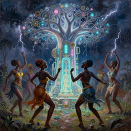 african women dancing around a glowing, energized, steampunk neon portal near the electric tree of life in a lightning storm, by greg rutkowski. oil on canvas, detailed and intricate environment, radiant lighting. highly detailed. masterpiece