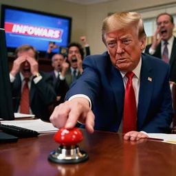 donald trump about to push a big red button on his desk, while his staffers are screaming and crying in the background, with a tv in the corner playing infowars, photorealistic, 8 k, appearing in time magazine
