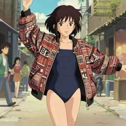 a beautiful! boyish! ballerina alluring gravure! model, aztech street fashion oversized mayan bomber jacket and leotard with overalls, bulky poofy bomber jacket with mayan patterns, gapmoe yandere grimdark, trending on pixiv fanbox, painted by greg rutkowski makoto shinkai takashi takeuchi studio ghibli, akihiko yoshida