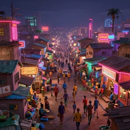photo of a bustling neon lit ajegunle slum in nigeria, photo by vivian maier, digital illustration by mike winkelmann, unreal engine 3 d vfx render, sharp, intricate detail, volumetric light, ray tracing, soft light, colourful, claymation, wide angle, acrylic, cinestill 8 0 0 t,