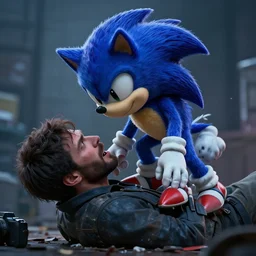 sonic strangling a civilian to death, dslr, 8 k, octane beautifully detailed render, cold mood, cinematic lighting, detailed photo, masterpiece, volumetric lighting, ultra realistic, highly detailed, high quality, lossless, photorealistic