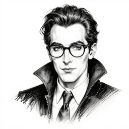 a bookish vampire with glasses, character portrait, detailed ink drawing, black and white, 9 0 s vibe, concept art by tim bradstreet