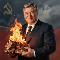 soviet propaganda poster of viktor orban winking with firewood