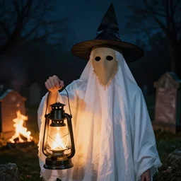 portrait photo still of a spooky ghost wearing a burlap mask holding a lantern, wearing a witches hat, in front of an old cemetery on fire at night, 8 k, 8 5 mm f 1. 8