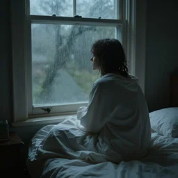 on a rainy day, someone sits in bed, curled up under the covers, looking out the window, cinematic, artstation, extremely detailed, intricate, cinematic lighting, art by eugene de blaas