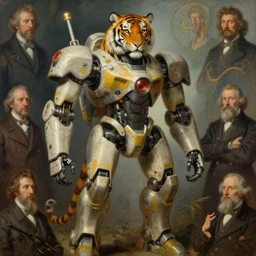 highly detailed portrait of a robotic humanoid tiger mecha, painting by gaston bussiere, craig mullins, j. c. leyendecker, lights, art by ernst haeckel, john william godward, hammershøi, alex grey, dmt