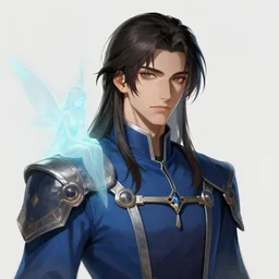 kaladin stormblessed. young men with shoulder length hair. blue uniform. portrait. ghostly fairy on his shoulder. highly detailed, sharp focus, illustration, concept art, artgerm style, character design