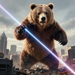 a giant angry bear throwing laser by the hands attacking the city, photomanipulation, photoshop, digital art