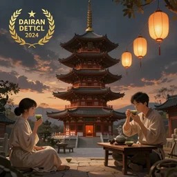 digital painting of a pagoda, tea drinking and paper lanterns, HD