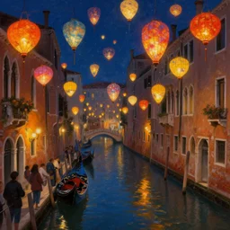 paper lanterns glowing in many colors floating above a venice canal at night, crowd watching. beautiful digital detailed landscape painting, matte painting trending on artstation
