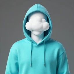 a person wearing a cyan hoodie with a white cloud in place of the head