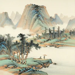 chinese painting of a landscape with fisherman, mountains and rivers