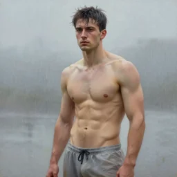 a beautiful toned man in the rain, aesthetic, oil painting, pale colors, high detail, 8 k, wide angle, trending on artstation,