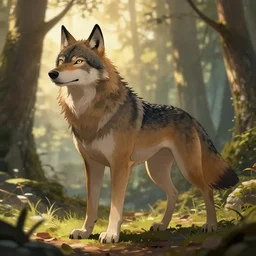 a medevial anthropomorphic wolf with a big tail in a forest, trending on artstation, detailed, anime, warm lighting, backlighting, by kawacy, trending on furaffinity, furry art, fantasy art, assassins creed, cgi