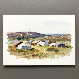 small centered on white watercolor paper, paint brush strokes, abstract watercolor painting of nomad settlement, scandinavia, midday sharp light, cinematic light, american romanticism by hans dahl, by jesper ejsing, by anders zorn, by greg rutkowski, by greg manchess, by tyler edlin