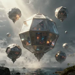 sci - fi space base, floating tetrahedron, octahedron, icosahedron and hexahedron spacecraft!! mist, sunrays, dust in the air, unreal engine, octane render, dramatic lighting, lake, ultra clear detailed. digital art, by stanley artgerm lau, greg rutkowski, thomas kindkade, alphonse mucha, loish, norman