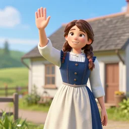 A 3D rendering of anne of green gables waving goodbye from the show anne with an e