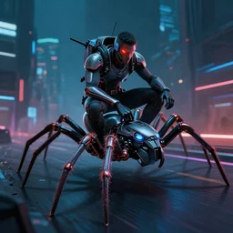 digital art of a cyberpunk man riding a cyberpunk spider