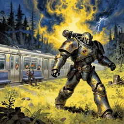 runs away from men on the subway and forest and field, composition gothic and futuristic, warhammer, cyber armor, a lot of scars, yellow and blue, fire storm on clouds, thunderstorm, the middle ages, highly detailed, moebius, jugendstil and classic japanese print, art robert coven and adolf hiremy - hirschl
