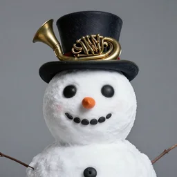 head and shoulders studio portrait of an evil snowman wearing an old tuba hat
