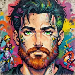beautiful anime of bold head with new!!!!! beard and green eyes, by sherree valentine daines, peter mohrbacher, alice neel, donato giancola, mike winkelmann, laurie greasley. trending on artstation, 8 k, masterpiece, graffiti, fine detail, full of color, intricate detail, golden ratio illustration, face detail