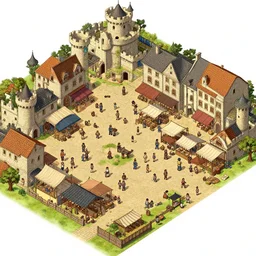 a crowded castle town marketplace scene, at midday, from a fantasy point and click 2 d graphic adventure game, art inspired by john shroades, king's quest, sierra entertainment games, colorful landscape painting