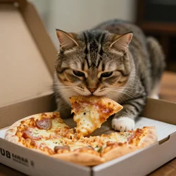 photo of a very fat cat chewing pizza inside a cardboard box. nikon d 8 5 0 5 5 mm. dof. cinematic postprocessing.