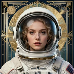 retrofuturistic portrait of a woman in astronaut helmet, art deco, planet graphics art in background, close up, dan mumford, liam brazier, peter mohrbacher, xf iq 4, f / 1. 4, iso 2 0 0, 1 / 1 6 0 s, 8 k, raw, featured in artstation, octane render, cinematic, elegant, intricate, 8 k