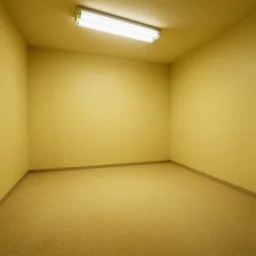the backrooms rumour characterized by the smell of moist carpet, walls with a monochromatic tone of yellow, and buzzing fluorescent lights.