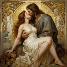 jesus kissing a sensual woman in jerusalem, elegant, highly detailed, digital painting, artstation, concept art, matte, sharp focus, highly detailed, 4 k, hdr, smooth, sharp focus, high resolution, award - winning photo, photorealistic, art by artgerm and greg rutkowski and alphonse mucha, large shot