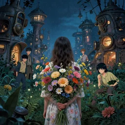 a girl with clothed in flowers behind a steampunk city, night setting. realistic shaded lighting poster by ilya kuvshinov katsuhiro, magali villeneuve, artgerm, jeremy lipkin and michael garmash, rob rey and kentaro miura style, trending on art station, surrounded by foliage, dreamy autochrome pinhole photography