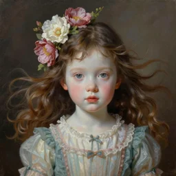 a young girl portrait with porcelain face, hazelnut big eyes and two ponytails flying in the wind, dressed in a vintage dress, blooming flowers in her head, conceptual art, oil fantasy painting, hyperdetailed, dramatic light