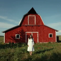 a young woman in!! the shadow! of a red barn!. black hair, white! dress, sharp focus, wide angle, digital art by eddie mendoza and andrei riabovitchev, fantasy, epic, landscape.