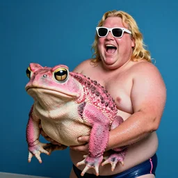 a leaked, dramatic, color photo of a fat man caught the worlds largest pink toad. the fat man is very very very very sweaty, has long blonde hair, is wearing a swimsuit, 1 9 9 8 sunglasses and he is screaming in pleasure