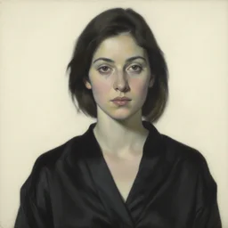hyperrealism close - up portrait of a beautiful woman, ivory background, wearing black silk robe, artwork by roy liechtestein, canvas, acrylic paint, dark and dull palette