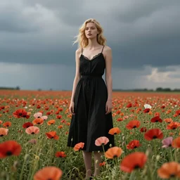 a beautiful woman standing next to a field of poppies, dutch, blonde, tall, pretty, by tim walker, atmospheric, epic composition, trending on artstation, octane render