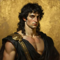 painted portrait of ruggedly handsome hares by gaston bussiere greg rutkowski, greek god [ black hair ] focused on face, muscular physique masculine manly young, black robe fantasy intricate elegant detailed digital painting concept art artstation sharp focus illustration gold paint