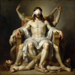 full body portrait of blinfolded!!!! jesus christ sitting on a throne of entwined bodies, elegant, highly detailed painting by gaston bussiere, craig mullins, j. c. leyendecker, 8 k, mid shot