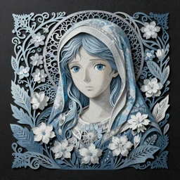 breathtaking detailed concept art painting of the goddess of nemophila flowers, orthodox saint, with anxious, piercing eyes, ornate background, amalgamation of leaves and flowers, by Hsiao-Ron Cheng, James jean, Miho Hirano, Hayao Miyazaki, extremely moody lighting, Black paper, cut paper texture, Full of light-blue and silver and white layers, 8K