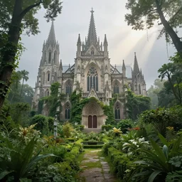 a gothic byzantine cathedral in a lush dense verdant garden by jacek yerka and paul lehr and tim doyle and dan mumford, mist, hyperrealism, volumetric lighting, god rays, highly detailed, sfumato, overgrown