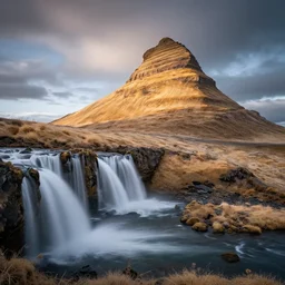 award winning landscape photography of iceland by andy lee, waterfall in foreground with epic mountain in sunlight in background, beautiful light, moody, long exposure, infrared photography, ir filter, dramatic lighting, clouds, rule of thirds, golden ratio