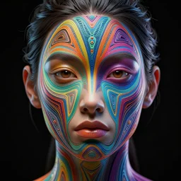 a future woman face as colorful geometric patterns, intricate, highly detailed, volumetric dramatic light, dark black background, sharp focus, highly realistic, octane render