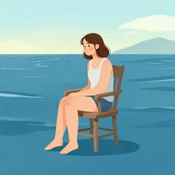 patterned illustration a thoughtful girl is sitting in a chair in the middle of the ocean by tom bagshaw