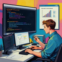 Rest task in data analysis: code, graphs and research. 4k high detailed painting in Pop art style.