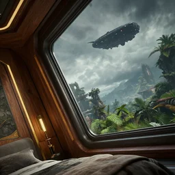 angled tilted closeup to a corner in a futuristic confy bedroom, with deus ex : mankind divided wood and gold decorations, and a huge futuristic glass window overlooking a lush alien planet environment from ps 5 returnal game, a black ship in the sky, environmental lighting, moody weather and alien skies, ray tracing, amazing view, highly detailed, octane render, unreal engine 5, 4 k