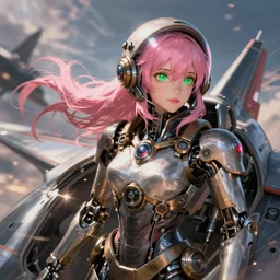 mechanical female steampunk robot fighter pilot mechanical girl with pink hair and green eyes helmet jacked into the jet cockpit. beautiful. detailed. battle background