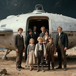 film still from a sci fi blockbuster movie, set in 1860, of a family leaving a spaceship, that has just landed on an alien planet, wearing 1850s era clothes, good lighting, 4k, HD, in focus, clear faces